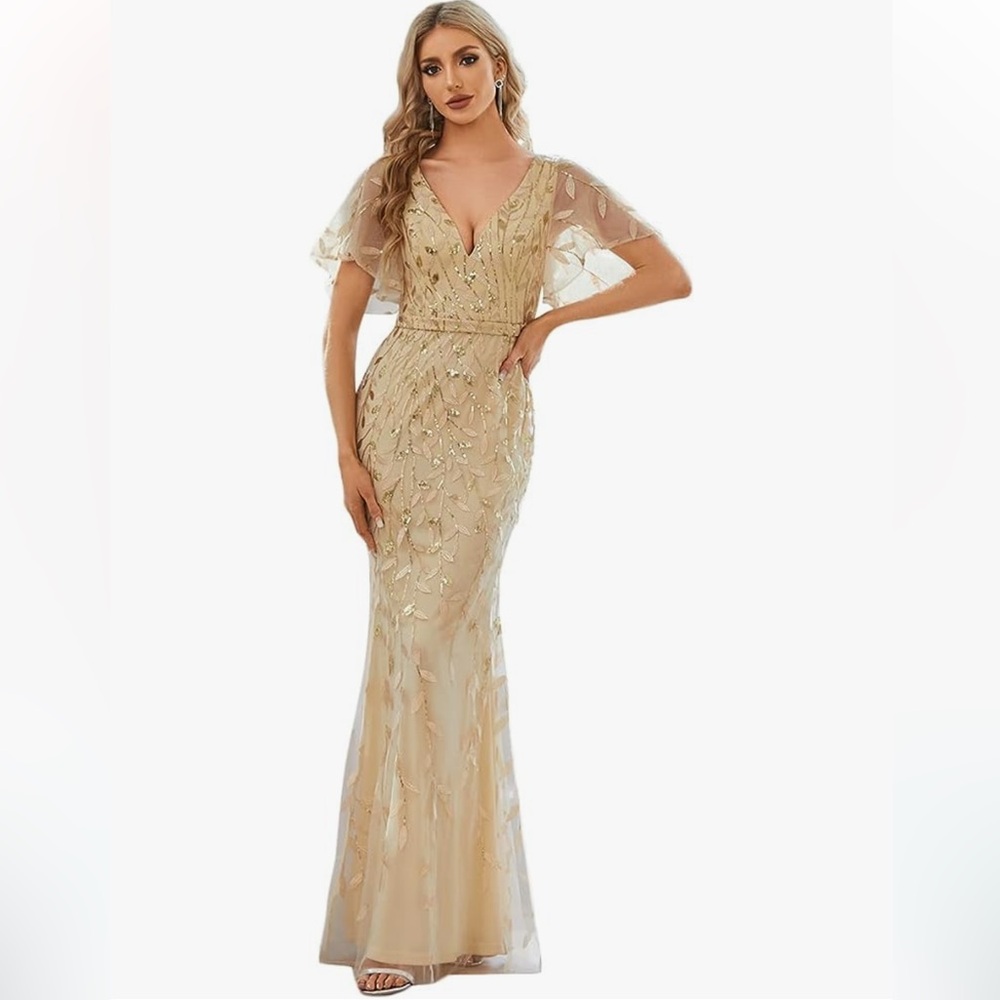 Gold/Champagne Evening Floor Length Dress- Size 8 (L)